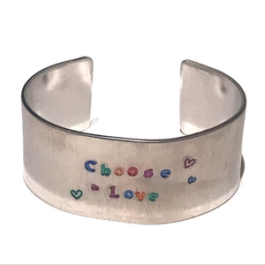 Handmade stamped Pride Month silver tone adjustable hypoallergenic cuff bracelet